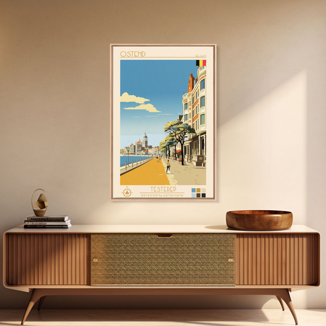 Ostend Belgium Travel Poster Framed Canvas Print, Midcentury Modern Art, Pop Art Wall Decor, Scenic Wall Art, Living Room Decoration, Office Art