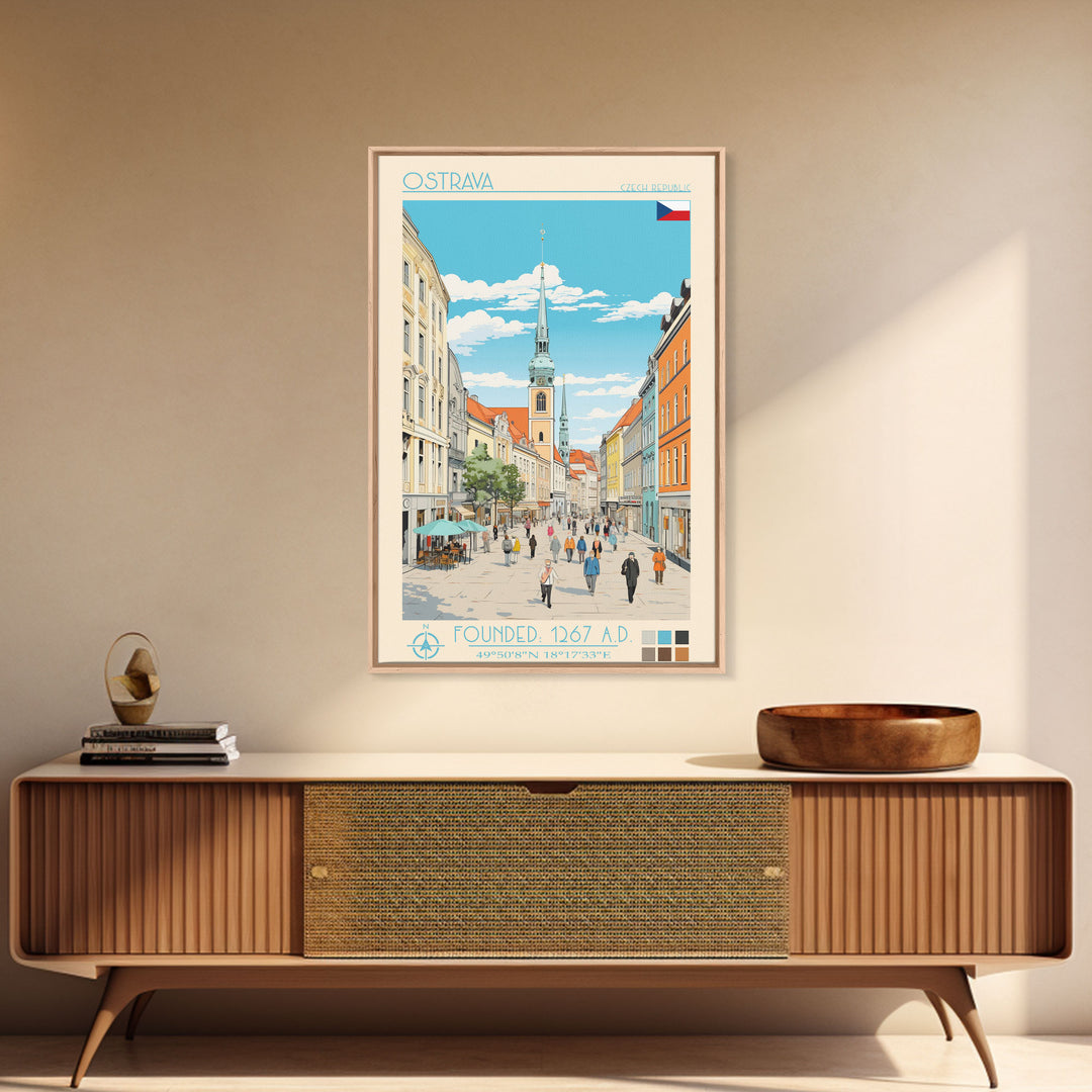Ostrava Czech Republic Travel Poster Framed Canvas Print, Midcentury Modern Art, Pop Art Wall Decor, Home Decor, Vacation Gift, Bedroom Art