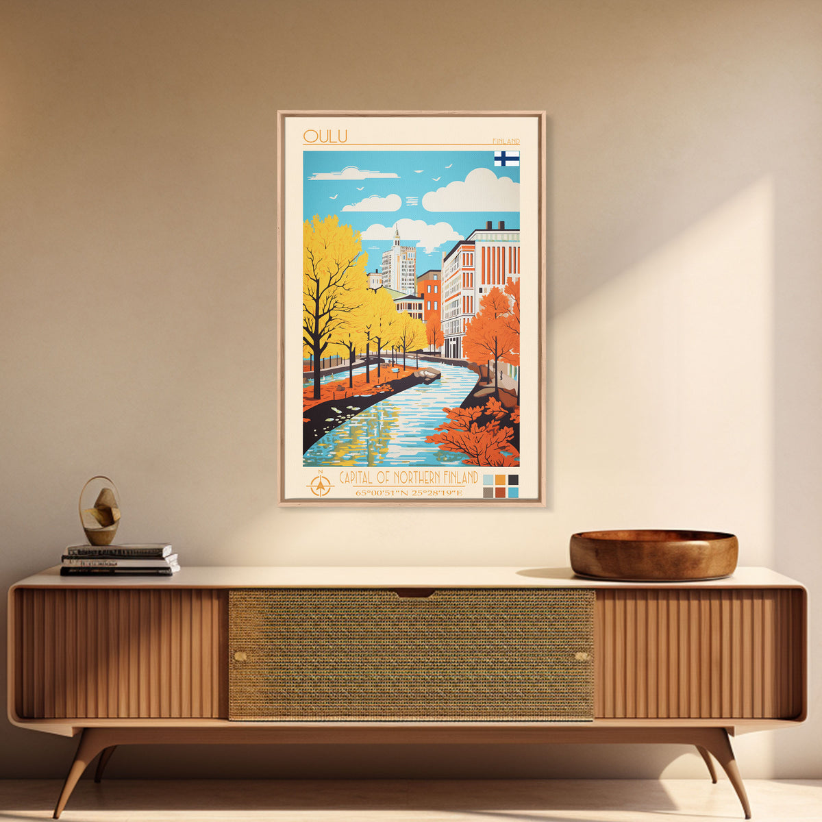 Oulu Finland Travel Poster Framed Canvas Print, Midcentury Modern Art, Pop Art Wall Decor, Scenic Wall Art, Living Room Decoration, Office Gift