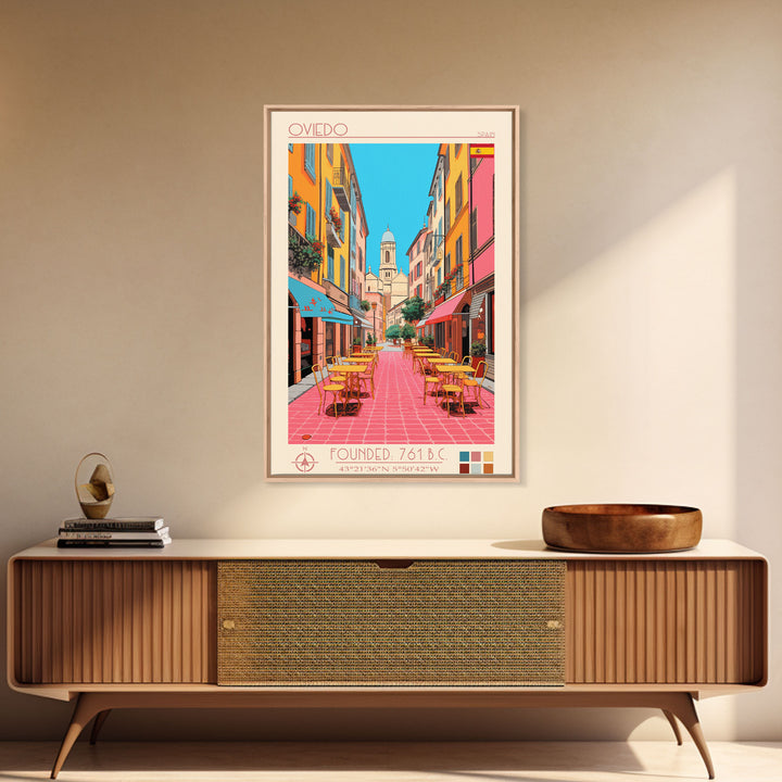 Oviedo Spain Travel Poster Framed Canvas Print, Midcentury Modern Art, Pop Art Wall Decor, Scenic Wall Art, Bedroom Decoration