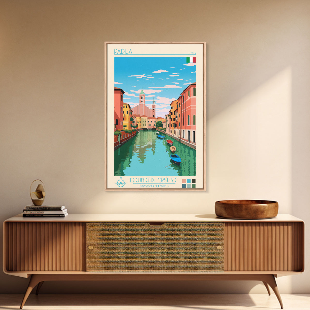Padua Italy Travel Poster Framed Canvas Print, Midcentury Modern Art, Pop Art Wall Decor, Scenic Bedroom Art, Office Decoration
