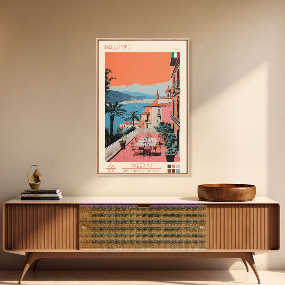 Palermo Italy Travel Poster Framed Canvas Print, Midcentury Modern Art, Pop Art Wall Decor, Scenic Living Room Art, Bedroom Decor