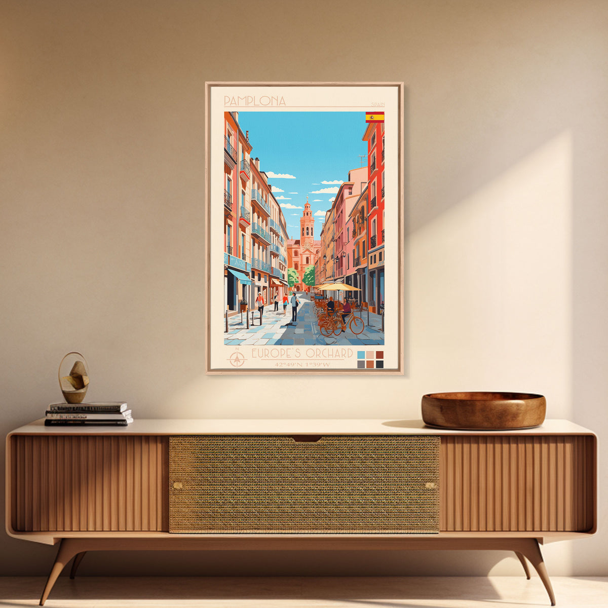 Pamplona Spain Travel Poster Framed Canvas Print, Midcentury Modern Art, Pop Art Wall Decor, Home Decor, Vacation Gift, Office Art