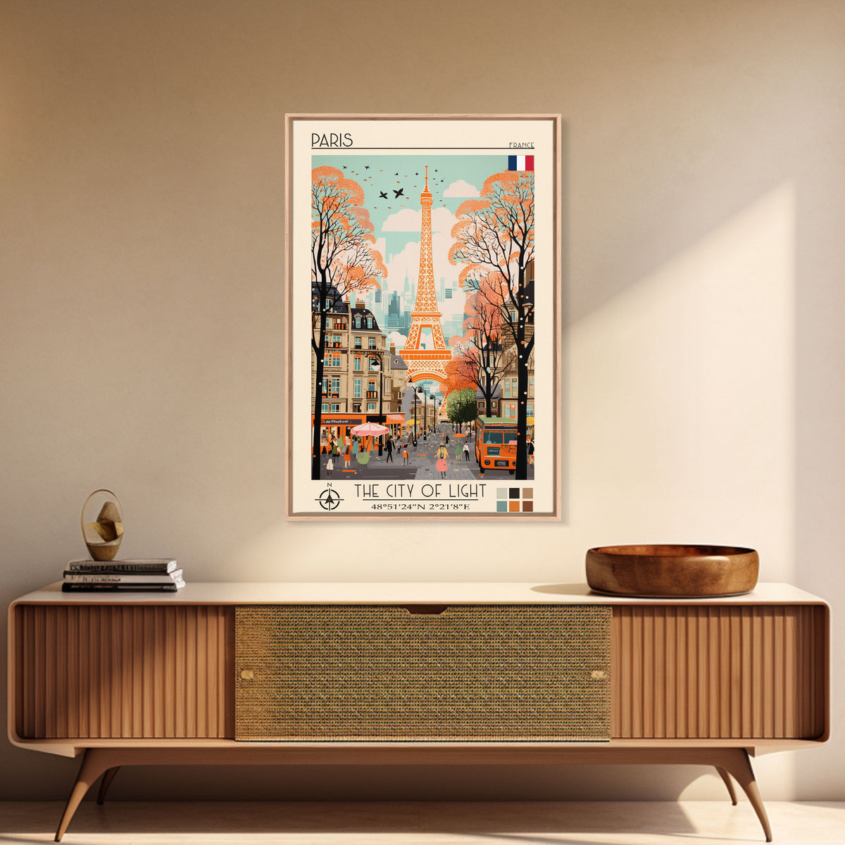 Paris France Travel Poster Framed Canvas Print, Midcentury Modern Art, Pop Art Wall Decor, Scenic Wall Art, Living Room Decoration, Office Gift