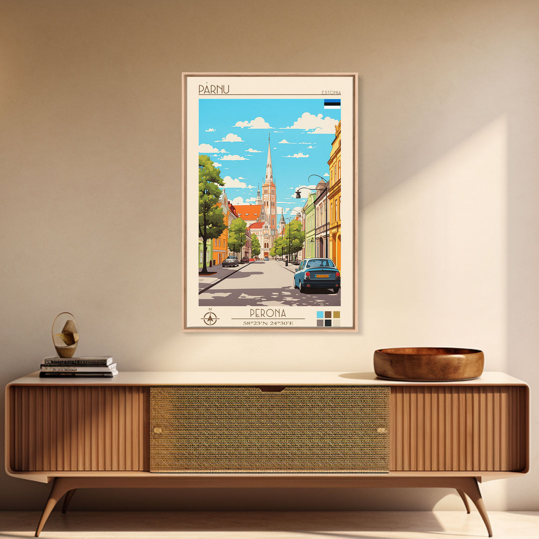 Pärnu Estonia Travel Poster Framed Canvas Print, Midcentury Modern Art, Pop Art Wall Decor, Scenic Wall Art, Bedroom Decoration