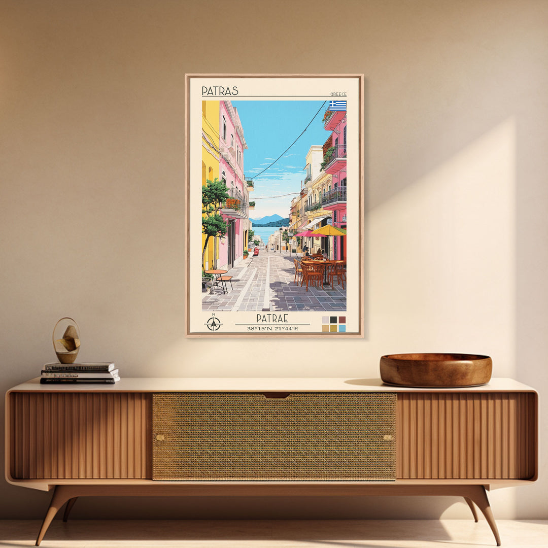 Patras Greece Travel Poster Framed Canvas Print, Midcentury Modern Art, Pop Art Wall Decor, Scenic Wall Art, Living Room Decoration, Office Art