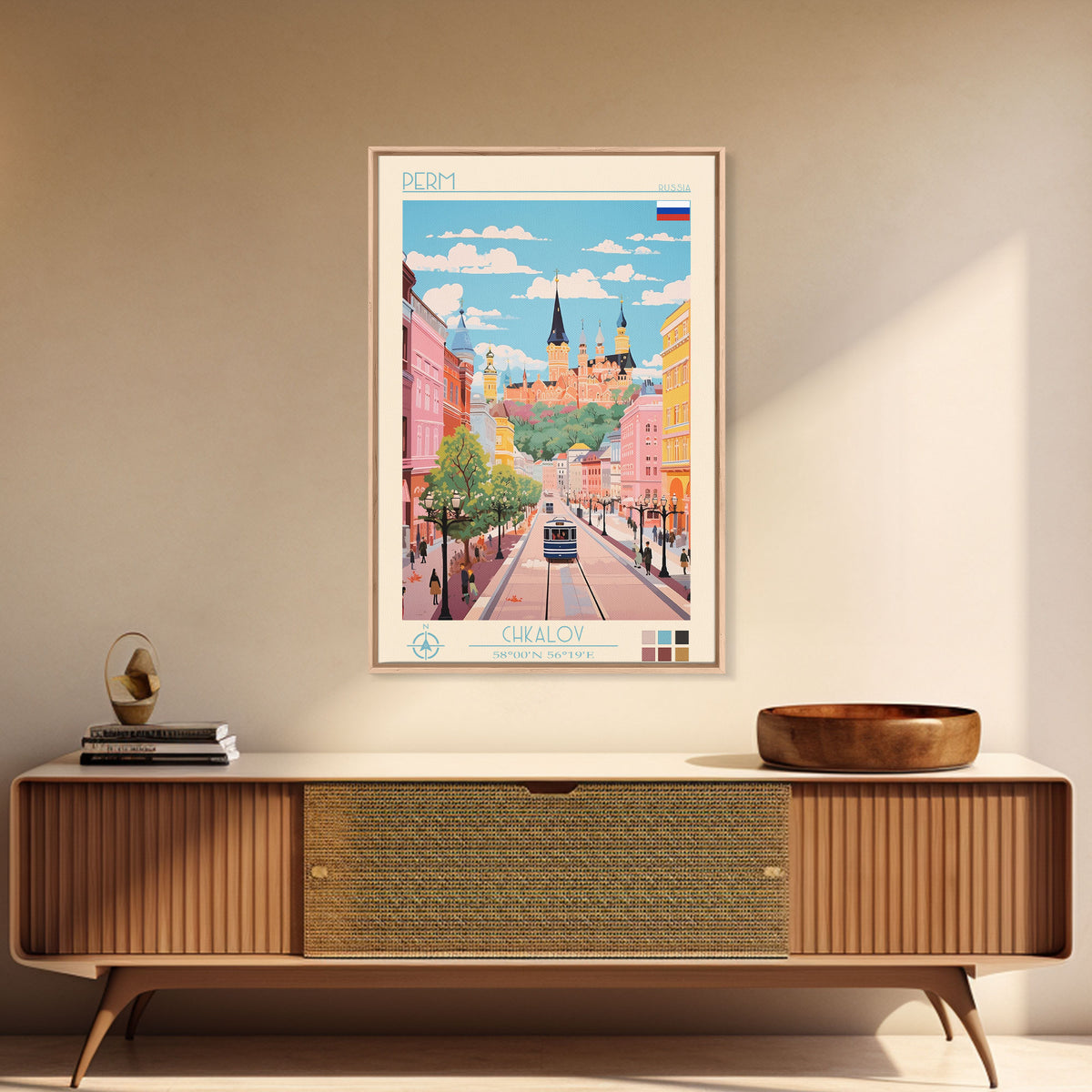 Perm Russia Travel Poster Framed Canvas Print, Midcentury Modern Art, Pop Art Wall Decor, Scenic Living Room Art, Bedroom Decor