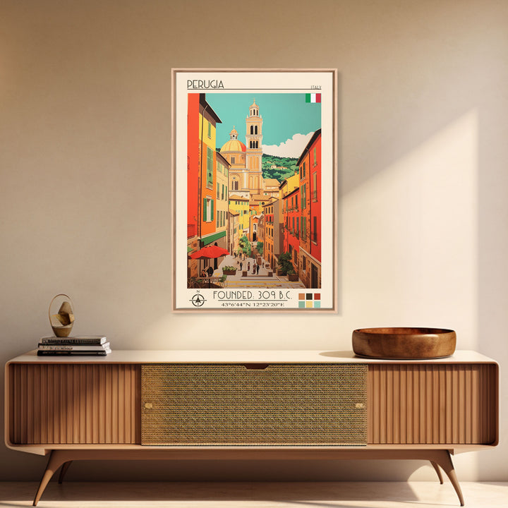Perugia Italy Travel Poster Framed Canvas Print, Vintage Style, Pop Art Home Decor, Scenic Wall Art, Bedroom Decoration, Office Gift