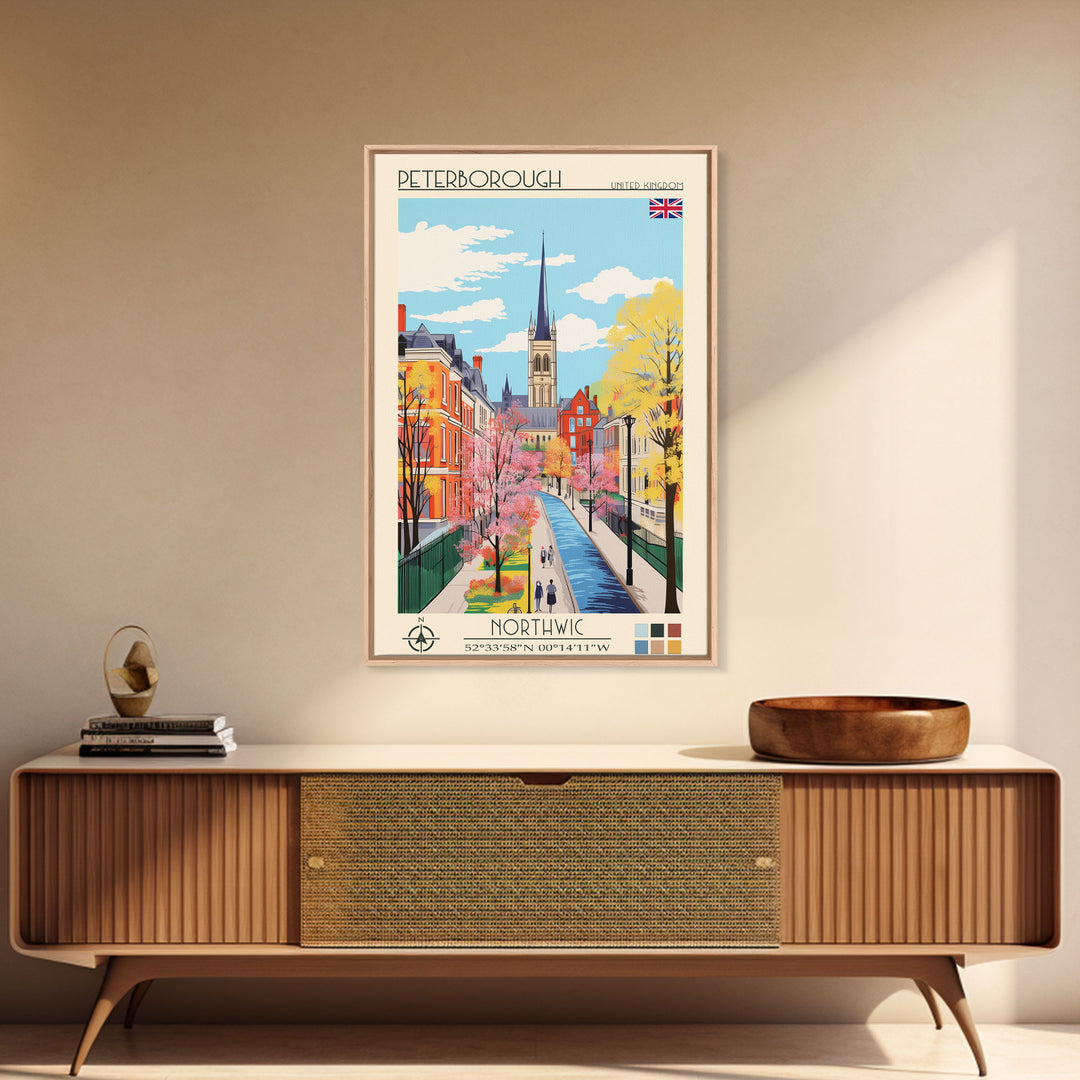 Peterborough United Kingdom Travel Poster Framed Canvas Print, Midcentury Modern Art, Pop Art Wall Decor, Home Decor, Vacation Gift, Office Art