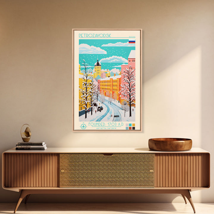 Petrozavodsk Russia Travel Poster Framed Canvas Print, Midcentury Modern Art, Pop Art Wall Decor, Scenic Living Room Art, Bedroom Gift