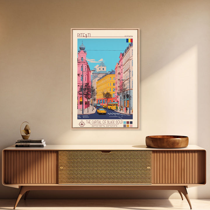 Pitești Romania Travel Poster Framed Canvas Print, Midcentury Modern Art, Pop Art Wall Decor, Home Decor, Vacation Gift, Bedroom Art