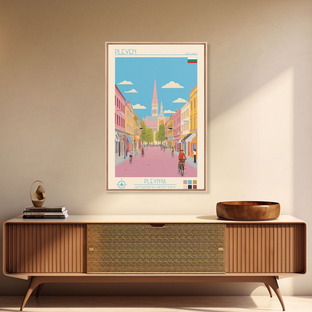 Pleven Bulgaria Travel Poster Framed Canvas Print, Midcentury Modern Art, Pop Art Wall Decor, Scenic Wall Art, Living Room Decoration, Office Gift