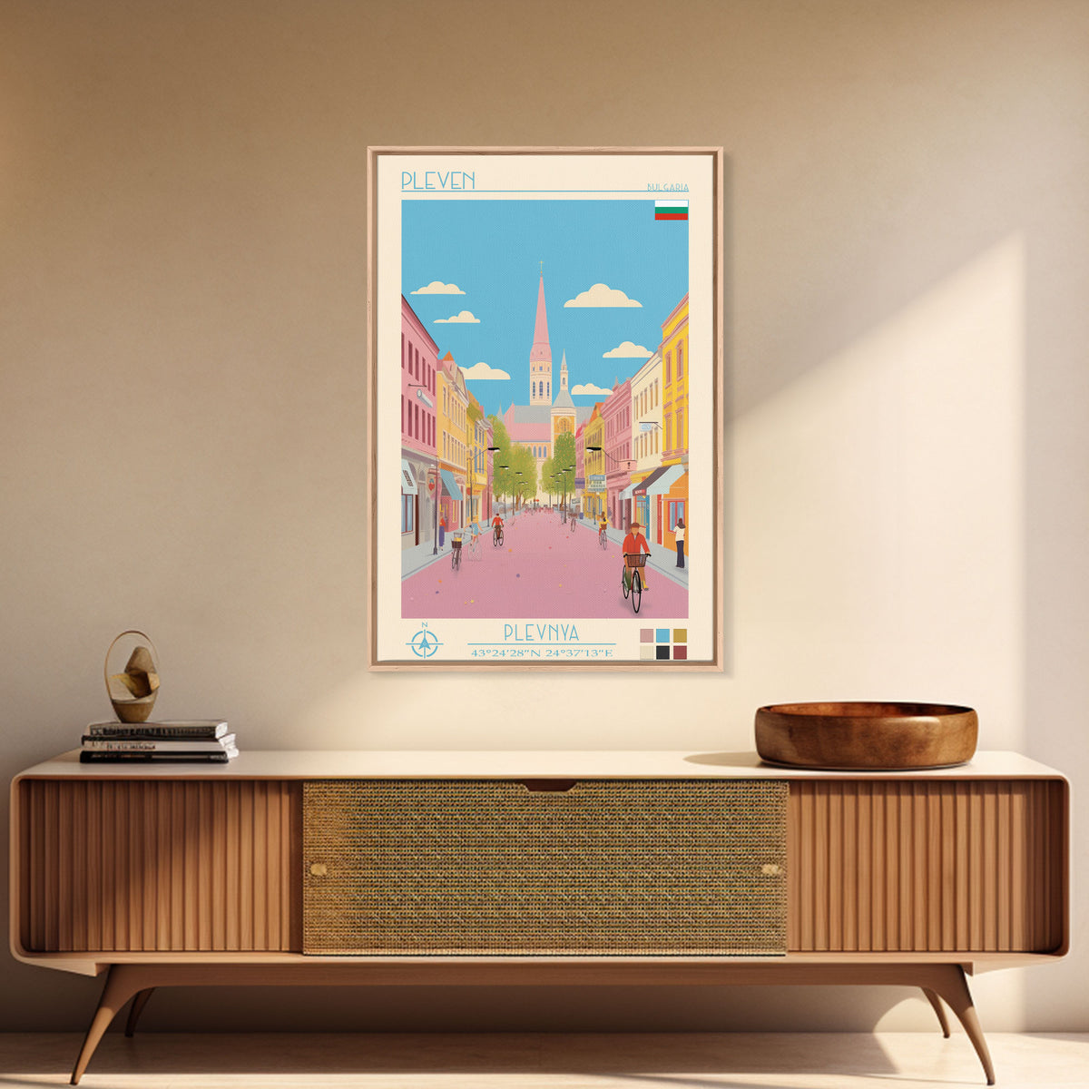 Pleven Bulgaria Travel Poster Framed Canvas Print, Midcentury Modern Art, Pop Art Wall Decor, Scenic Wall Art, Living Room Decoration, Office Gift