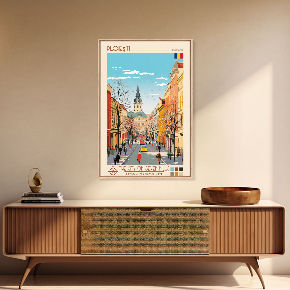 Ploiești Romania Travel Poster Framed Canvas Print, Midcentury Modern Art, Pop Art Wall Decor, Scenic Wall Art, Bedroom Decoration