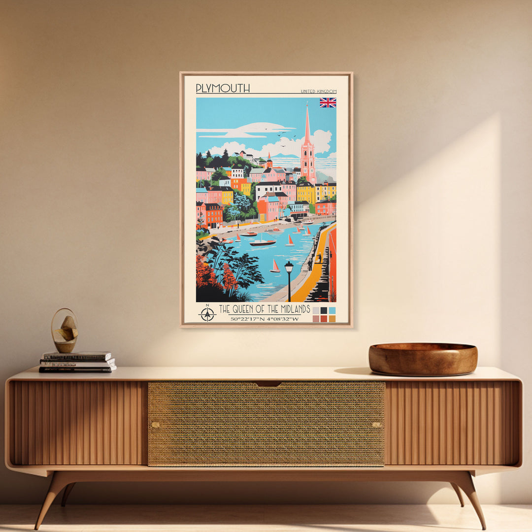 Plymouth United Kingdom Travel Poster Framed Canvas Print, Midcentury Modern Art, Pop Art Wall Decor, Scenic Bedroom Art, Office Decoration