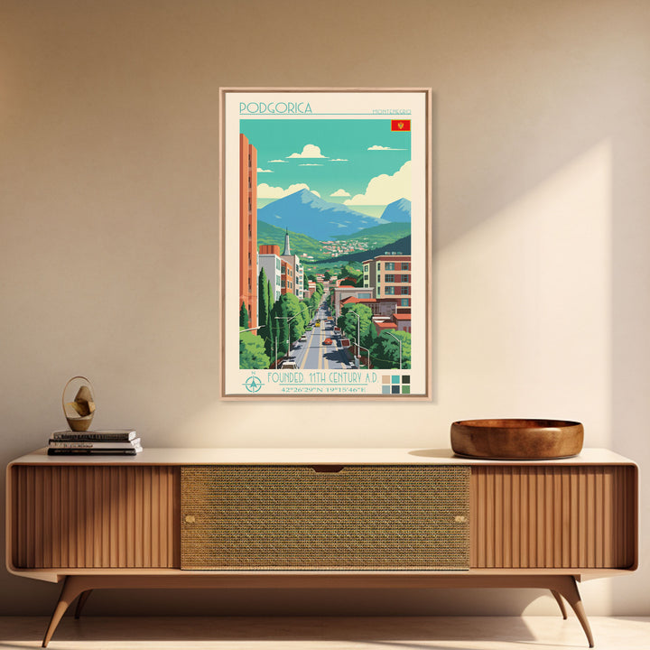 Podgorica Montenegro Travel Poster Framed Canvas Print, Vintage Style, Pop Art Home Decor, Scenic Wall Art, Bedroom Decoration, Office Gift