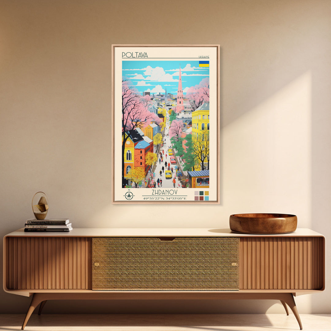 Poltava Ukraine Travel Poster Framed Canvas Print, Midcentury Modern Art, Pop Art Wall Decor, Scenic Living Room Art, Bedroom Gift