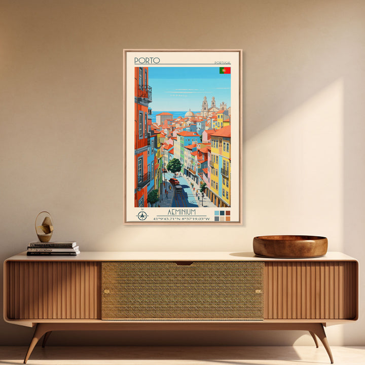 Porto Portugal Travel Poster Framed Canvas Print, Midcentury Modern Art, Pop Art Wall Decor, Scenic Wall Art, Living Room Decoration, Office Gift