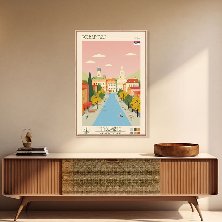 Požarevac Serbia Travel Poster Framed Canvas Print, Midcentury Modern Art, Pop Art Wall Decor, Scenic Living Room Art, Bedroom Decor