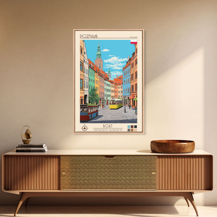 Poznań Poland Travel Poster Framed Canvas Print, Midcentury Modern Art, Pop Art Wall Decor, Scenic Bedroom Art, Office Decoration