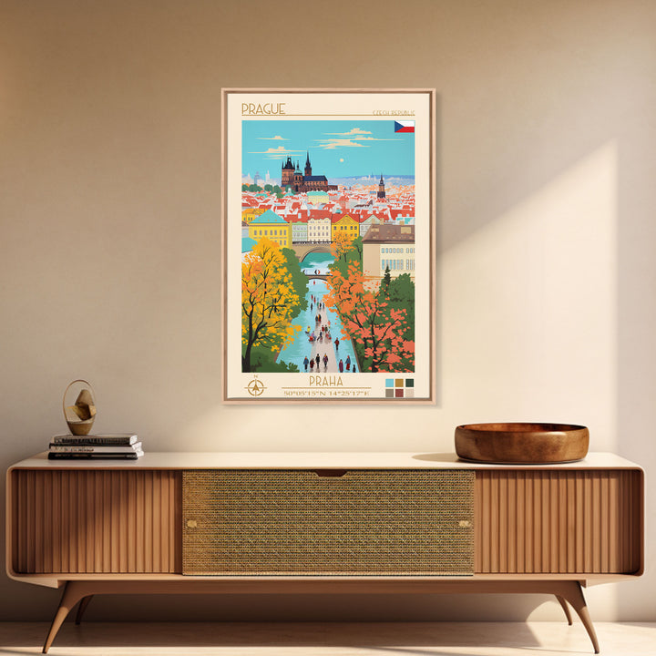 Prague Czech Republic Travel Poster Framed Canvas Print, Vintage Style, Pop Art Home Decor, Scenic Wall Art, Bedroom Decoration, Office Gift