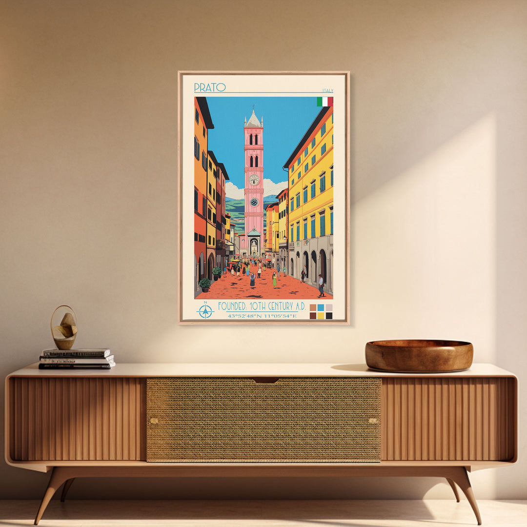 Prato Italy Travel Poster Framed Canvas Print, Midcentury Modern Art, Pop Art Wall Decor, Home Decor, Vacation Gift, Office Art