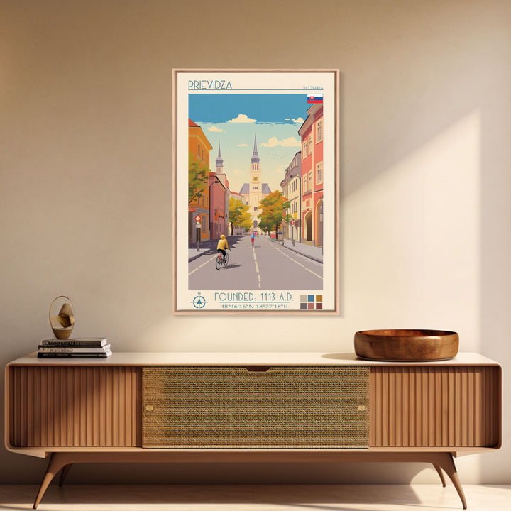 Prievidza Slovakia Travel Poster Framed Canvas Print, Midcentury Modern Art, Pop Art Wall Decor, Scenic Wall Art, Living Room Decoration, Office Art