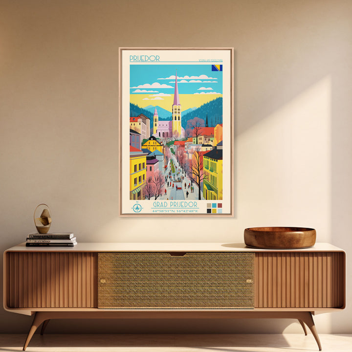Prijedor Bosnia and Herzegovina Travel Poster Framed Canvas Print, Midcentury Modern Art, Pop Art Wall Decor, Home Decor, Vacation Gift, Bedroom Art