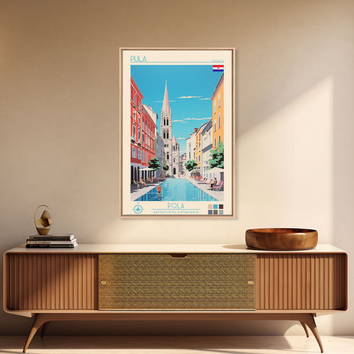 Pula Croatia Travel Poster Framed Canvas Print, Midcentury Modern Art, Pop Art Wall Decor, Scenic Wall Art, Living Room Decoration, Office Gift