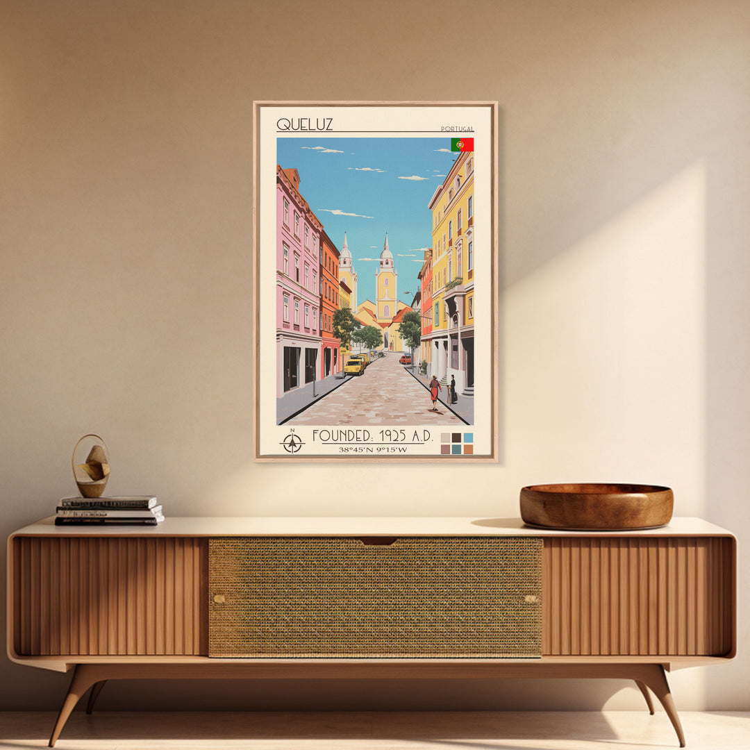 Queluz Portugal Travel Poster Framed Canvas Print, Midcentury Modern Art, Pop Art Wall Decor, Scenic Bedroom Art, Office Decoration