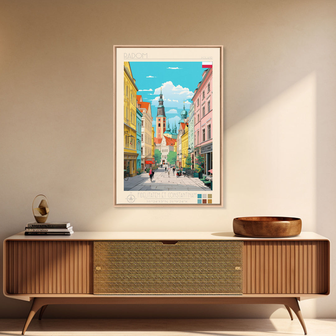 Radom Poland Travel Poster Framed Canvas Print, Midcentury Modern Art, Pop Art Wall Decor, Scenic Living Room Art, Bedroom Decor