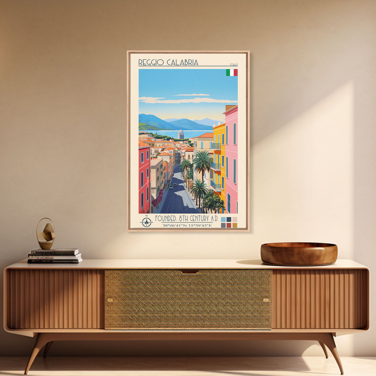 Reggio Calabria Italy Travel Poster Framed Canvas Print, Midcentury Modern Art, Pop Art Wall Decor, Scenic Living Room Art, Bedroom Gift