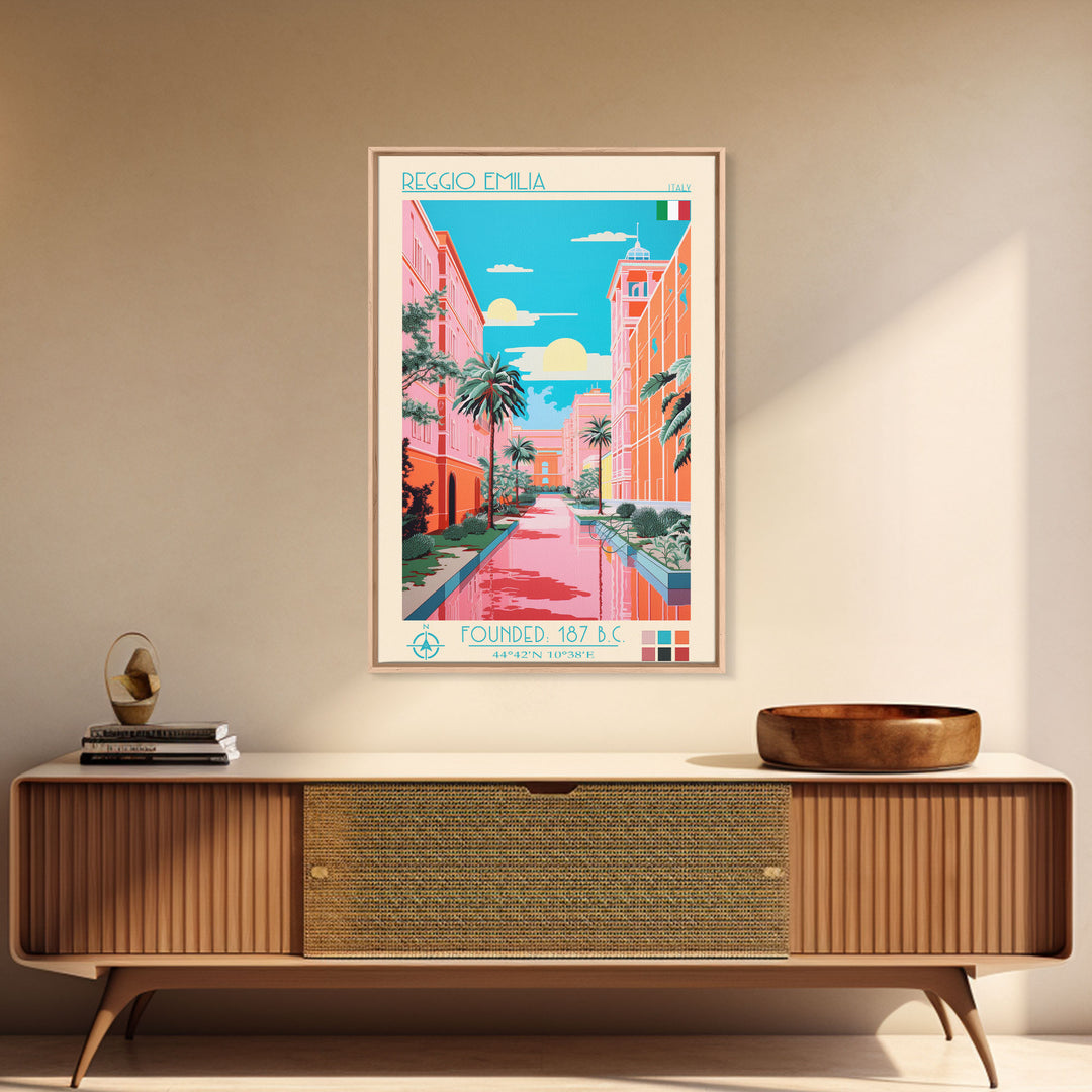 Reggio Emilia Italy Travel Poster Framed Canvas Print, Midcentury Modern Art, Pop Art Wall Decor, Scenic Wall Art, Living Room Decoration, Office Art