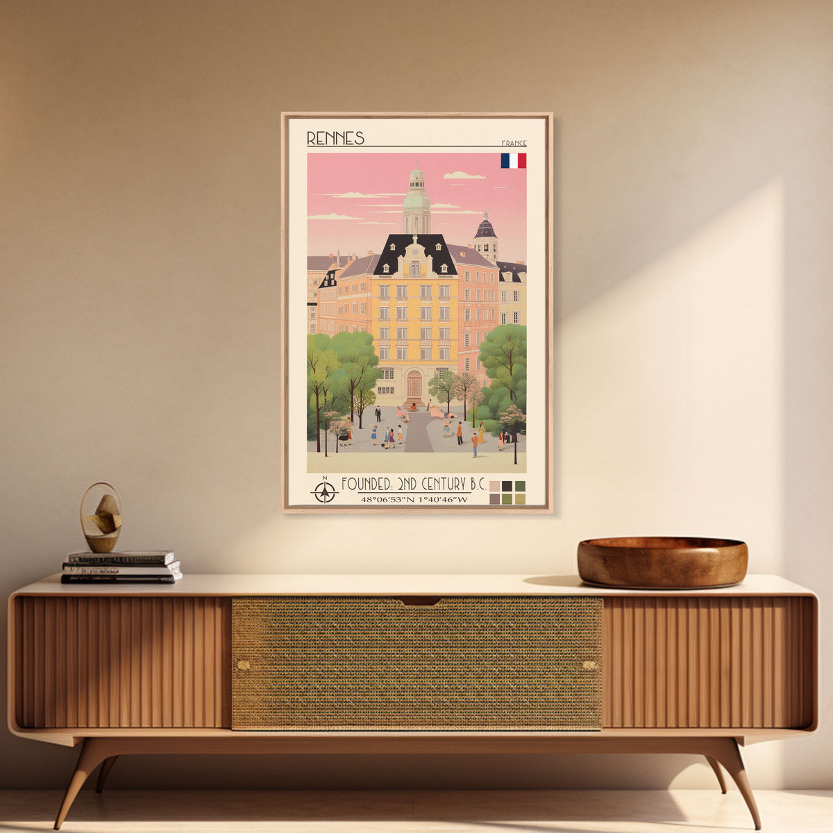 Rennes France Travel Poster Framed Canvas Print, Midcentury Modern Art, Pop Art Wall Decor, Scenic Wall Art, Living Room Decoration, Office Gift