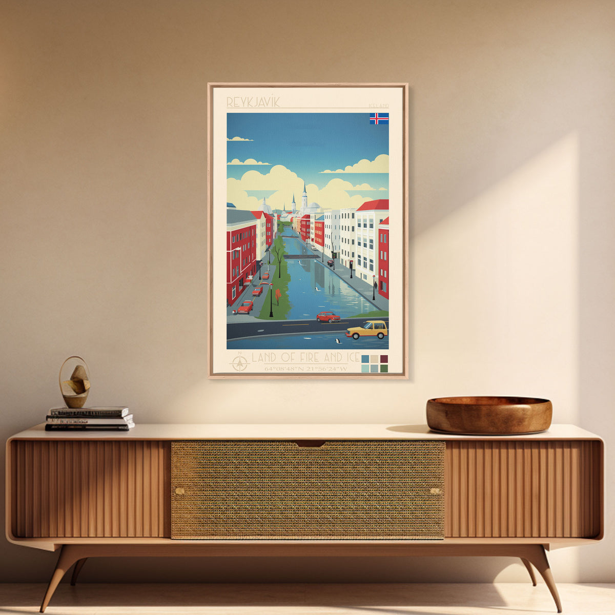 Reykjavik Iceland Travel Poster Framed Canvas Print, Midcentury Modern Art, Pop Art Wall Decor, Scenic Wall Art, Bedroom Decoration