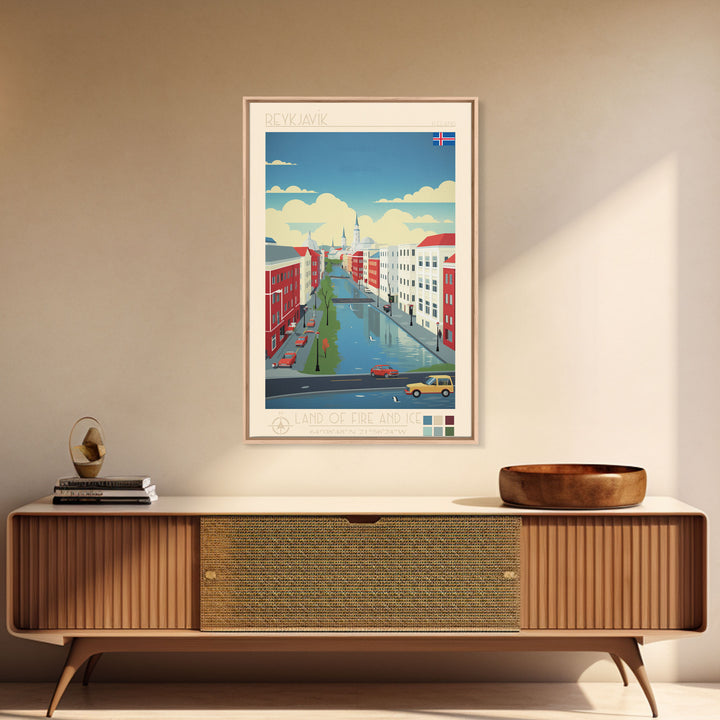 Reykjavik Iceland Travel Poster Framed Canvas Print, Midcentury Modern Art, Pop Art Wall Decor, Scenic Wall Art, Bedroom Decoration