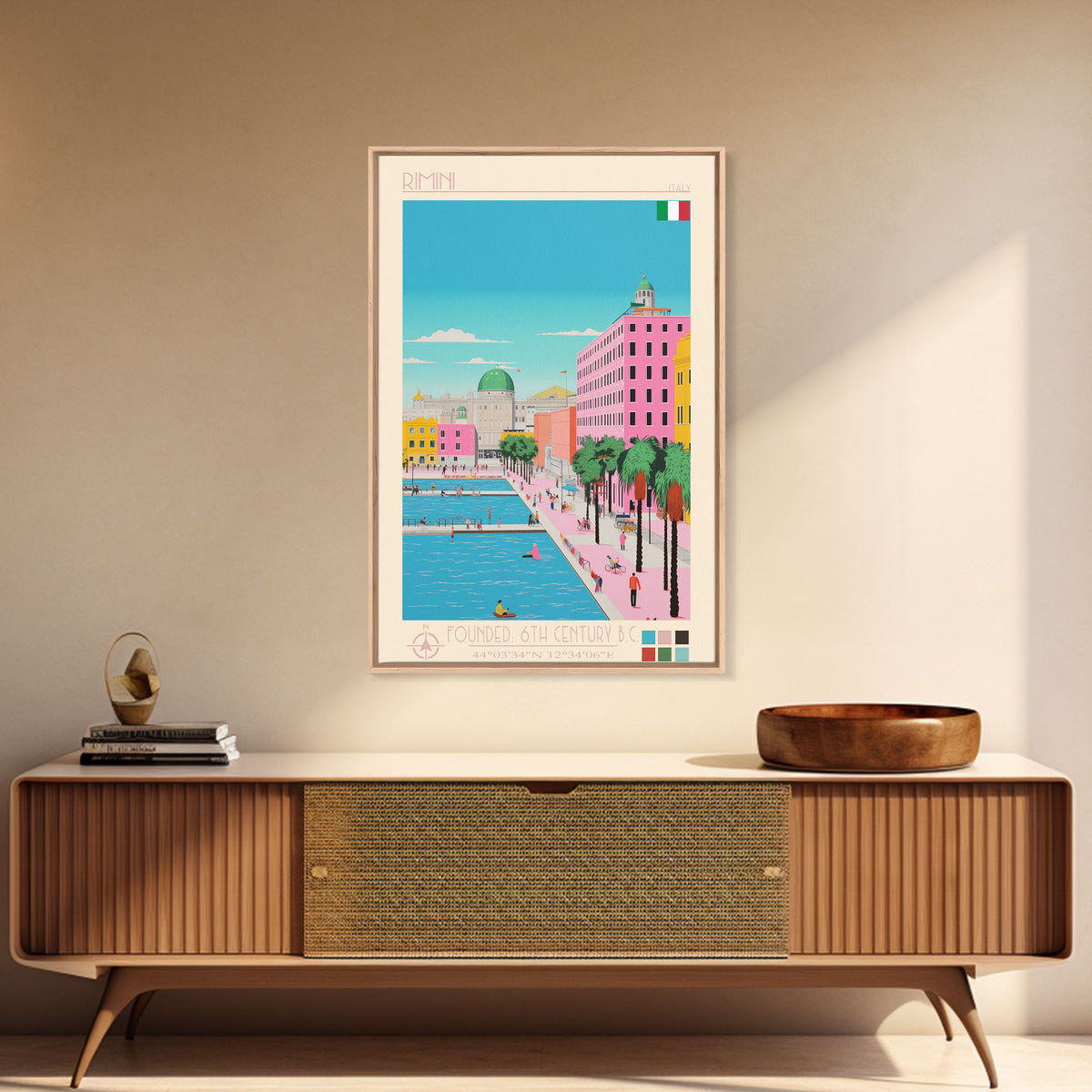 Rimini Italy Travel Poster Framed Canvas Print, Midcentury Modern Art, Pop Art Wall Decor, Scenic Bedroom Art, Office Decoration