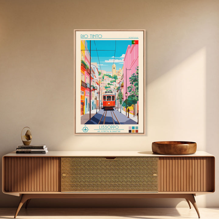Rio Tinto Portugal Travel Poster Framed Canvas Print, Midcentury Modern Art, Pop Art Wall Decor, Scenic Living Room Art, Bedroom Decor