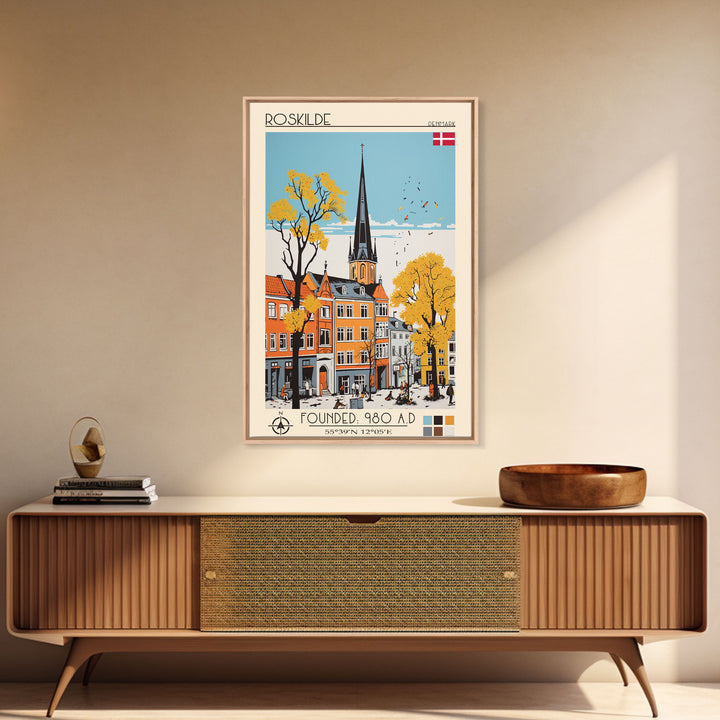 Roskilde Denmark Travel Poster Framed Canvas Print, Midcentury Modern Art, Pop Art Wall Decor, Scenic Living Room Art, Bedroom Gift