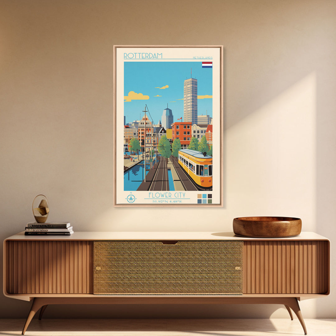 Rotterdam Netherlands Travel Poster Framed Canvas Print, Midcentury Modern Art, Pop Art Wall Decor, Home Decor, Vacation Gift, Bedroom Art