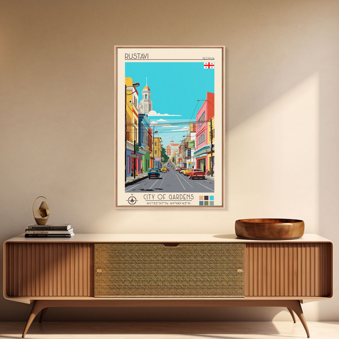 Rustavi Georgia Travel Poster Framed Canvas Print, Midcentury Modern Art, Pop Art Wall Decor, Scenic Wall Art, Bedroom Decoration