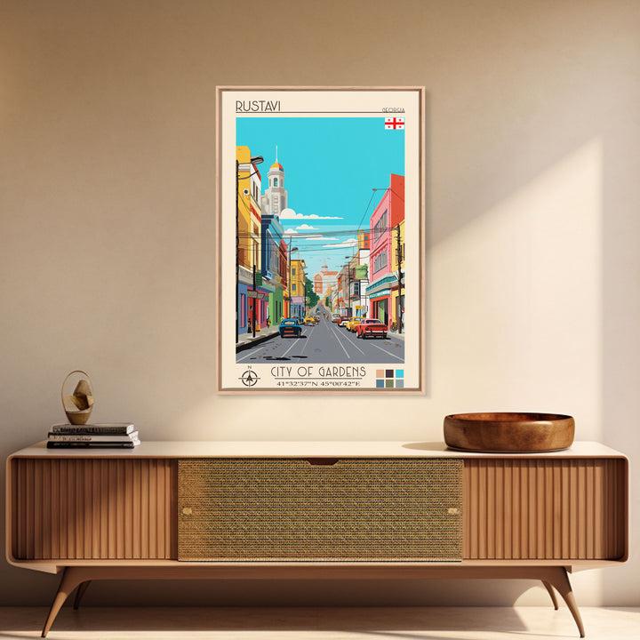 Rustavi Georgia Travel Poster Framed Canvas Print, Midcentury Modern Art, Pop Art Wall Decor, Scenic Wall Art, Bedroom Decoration