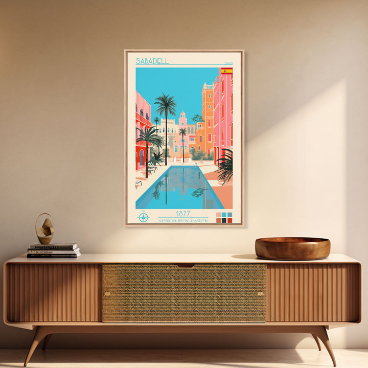 Sabadell Spain Travel Poster Framed Canvas Print, Midcentury Modern Art, Pop Art Wall Decor, Home Decor, Vacation Gift, Office Art