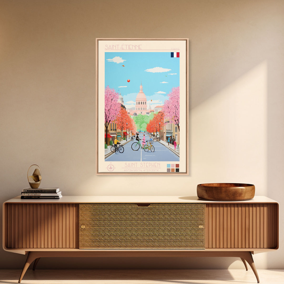 Saint-Étienne France Travel Poster Framed Canvas Print, Midcentury Modern Art, Pop Art Wall Decor, Living Room Art, Vacation Gift