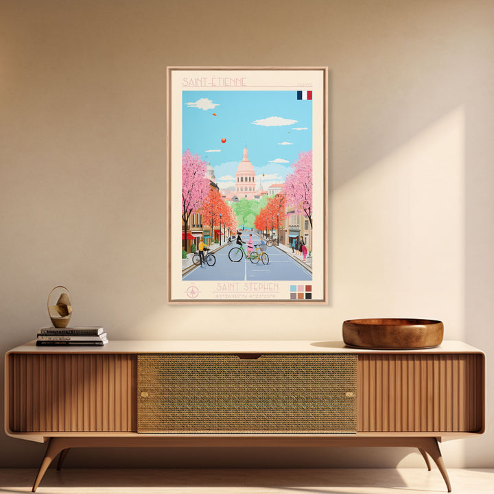 Saint-Étienne France Travel Poster Framed Canvas Print, Midcentury Modern Art, Pop Art Wall Decor, Living Room Art, Vacation Gift