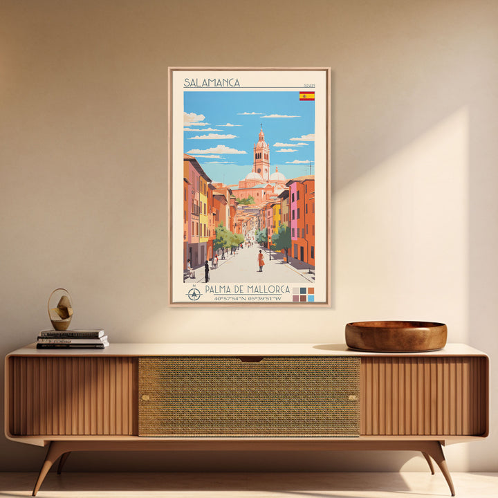 Salamanca Spain Travel Poster Framed Canvas Print, Midcentury Modern Art, Pop Art Wall Decor, Scenic Wall Art, Bedroom Decoration