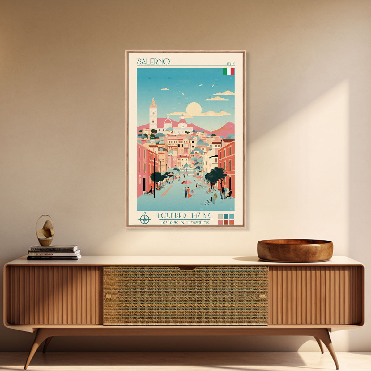 Salerno Italy Travel Poster Framed Canvas Print, Midcentury Modern Art, Pop Art Wall Decor, Home Decor, Office Gift, Living Room Art