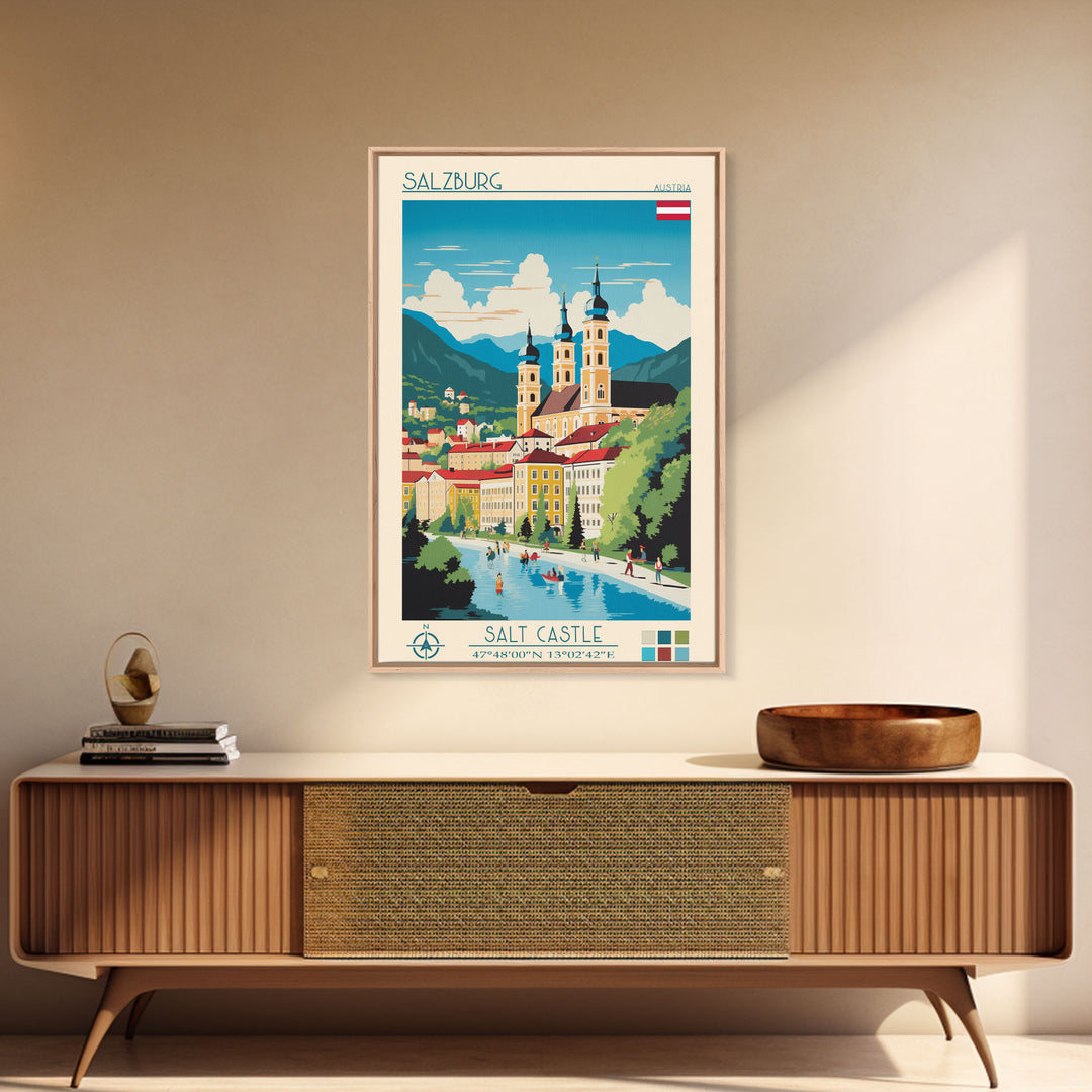 Salzburg Austria Travel Poster Framed Canvas Print, Midcentury Modern Art, Pop Art Wall Decor, Scenic Wall Art, Bedroom Art