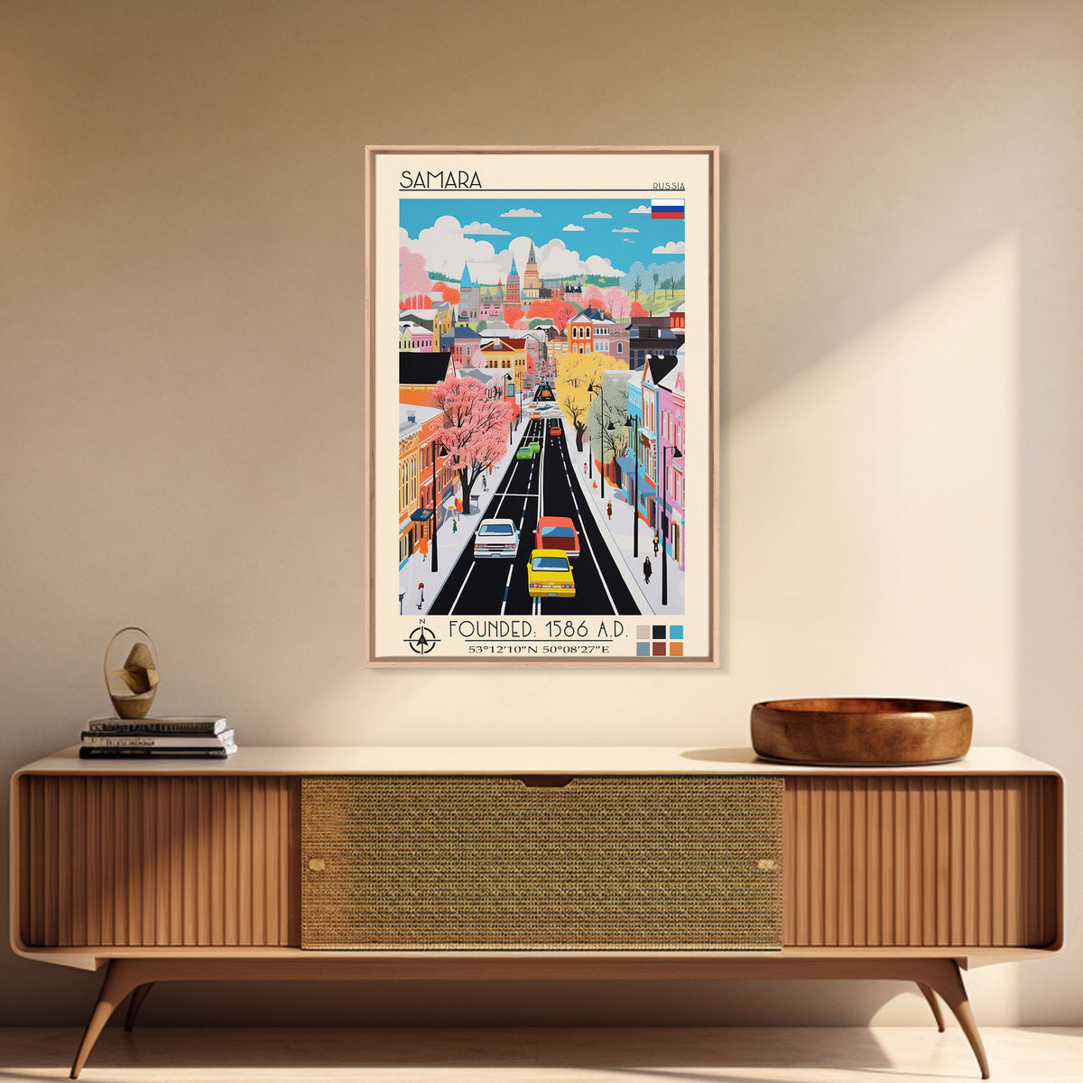 Samara Russia Travel Poster Framed Canvas Print, Midcentury Modern Art, Pop Art Wall Decor, Home Decor, Office Decoration, Scenic Art