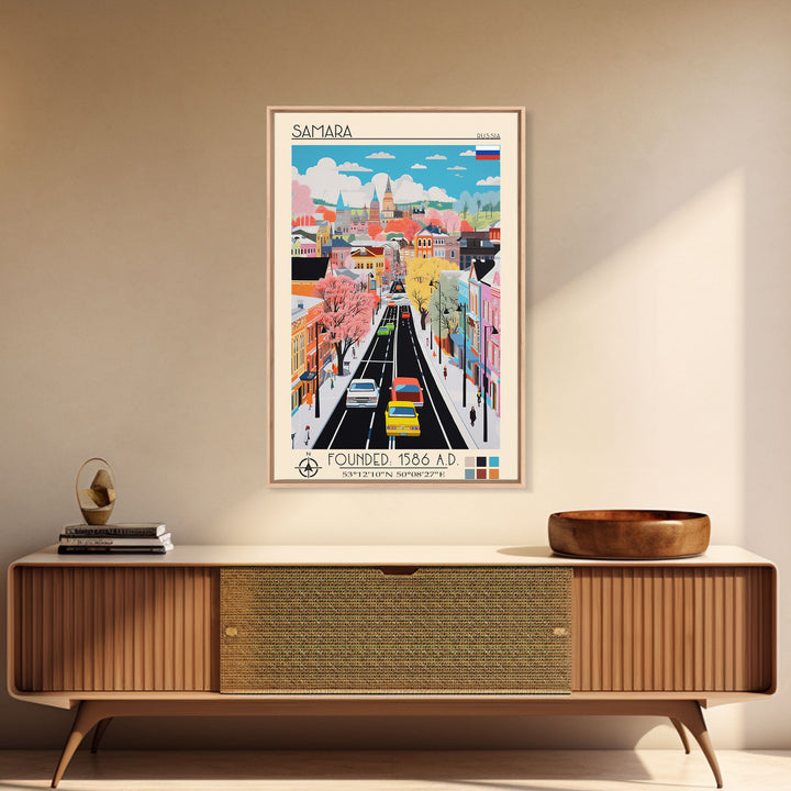 Samara Russia Travel Poster Framed Canvas Print, Midcentury Modern Art, Pop Art Wall Decor, Home Decor, Office Decoration, Scenic Art